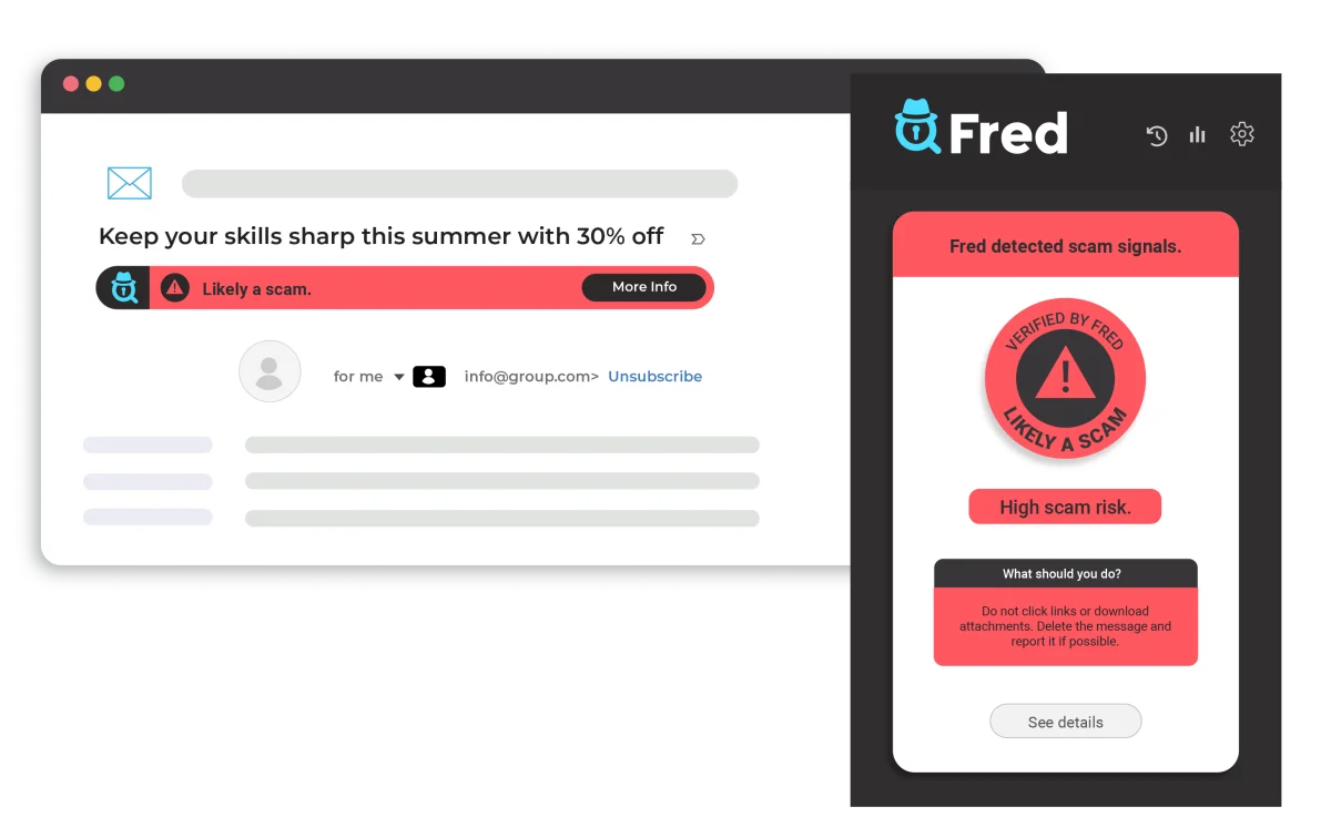 Fred detecting a scam email with red alert banner and detailed popup