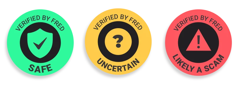 Three verdict badges: Safe, Uncertain, and Likely a Scam